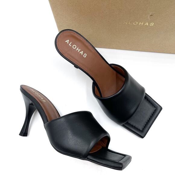 Alohas Puffy Mules Black Leather Sandals Stiletto Square‎ Open Toe Sz 6.5 - Picture 1 of 10